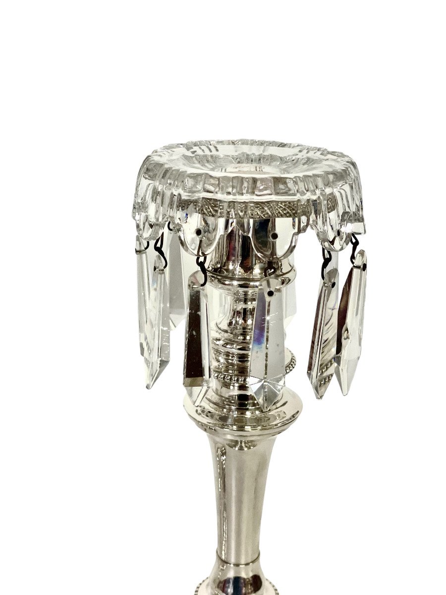 Louis XVI Style Pair Of Silver Plated And Crystal Candle Holders -photo-6