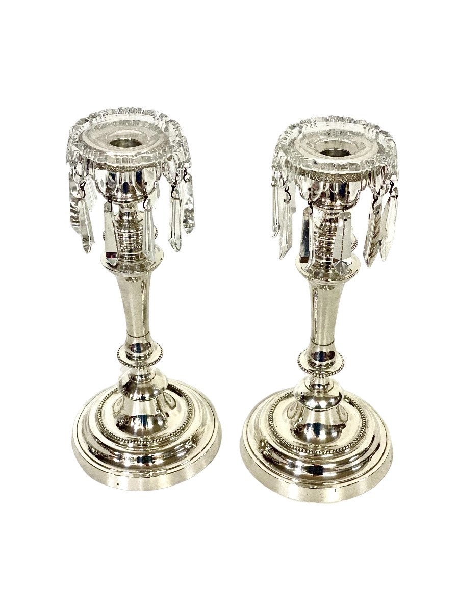 Louis XVI Style Pair Of Silver Plated And Crystal Candle Holders -photo-8