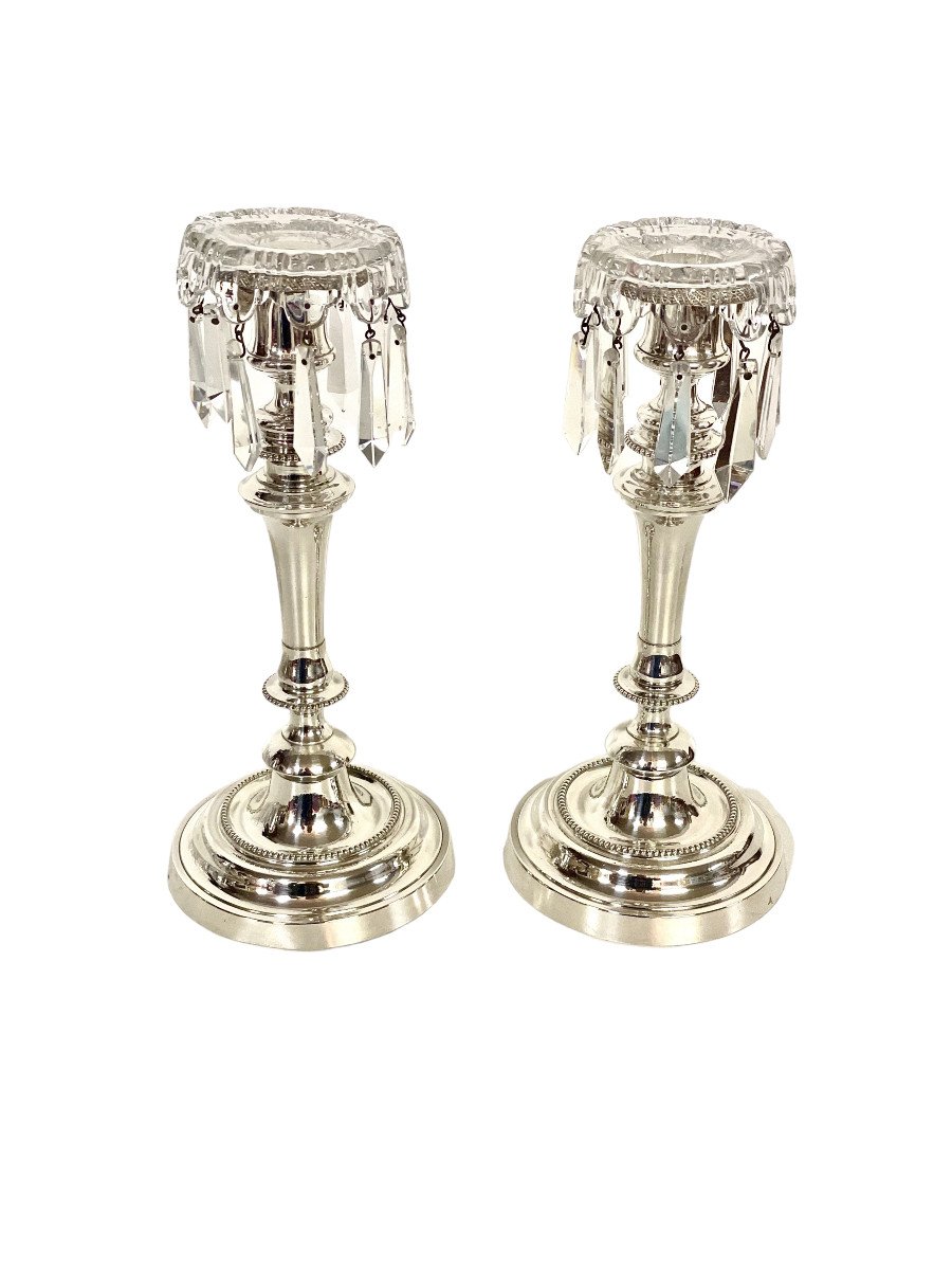 Louis XVI Style Pair Of Silver Plated And Crystal Candle Holders 