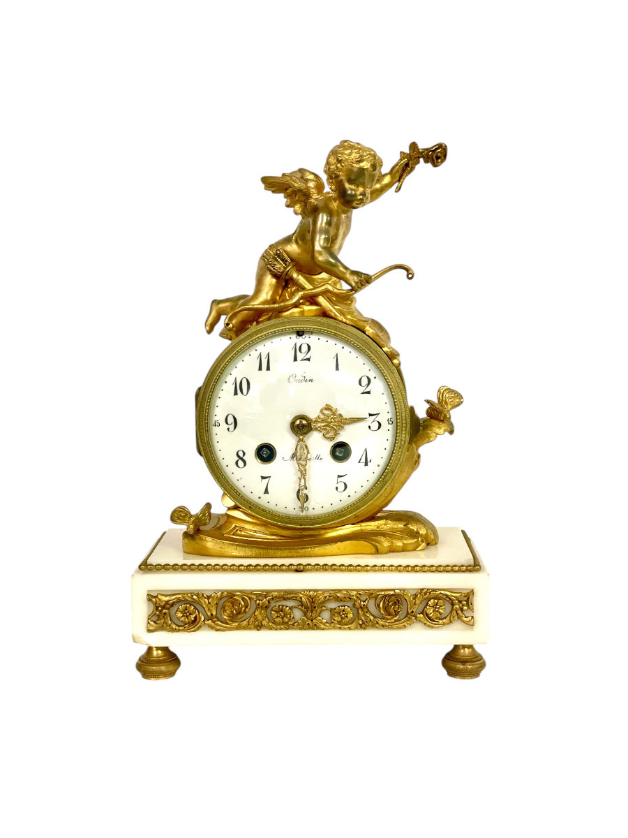 Pendule Epoque 19ème en Bronze Doré et Marbre, Signée Oudin à Marseille