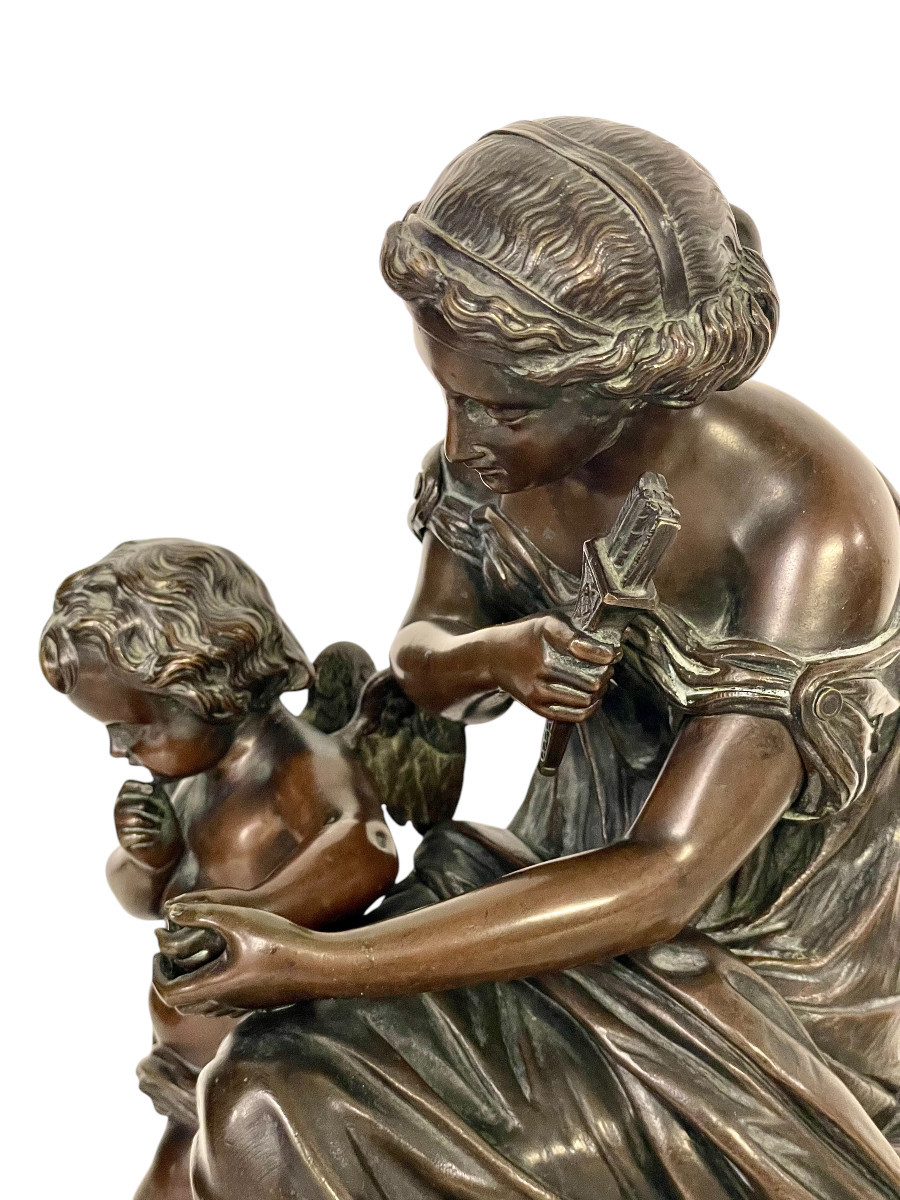 19th Century Bronze Sculpture, Signed Aizelin, Goddess With Cupid-photo-3