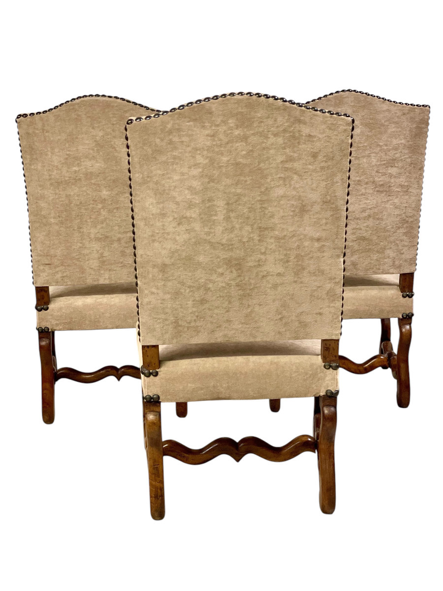 Three 17th Century Louis XIII Walnut Chairs With Velvet Upholstery-photo-3