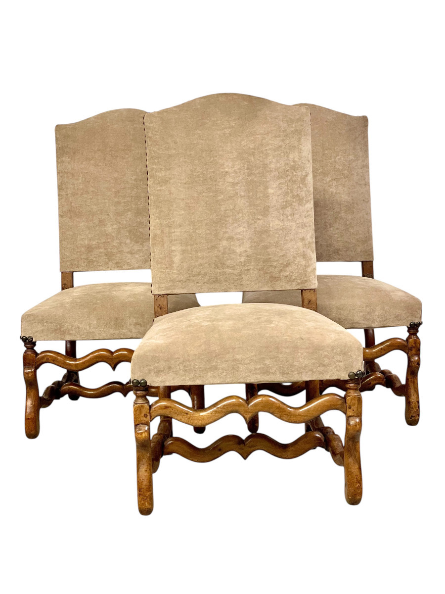 Three 17th Century Louis XIII Walnut Chairs With Velvet Upholstery