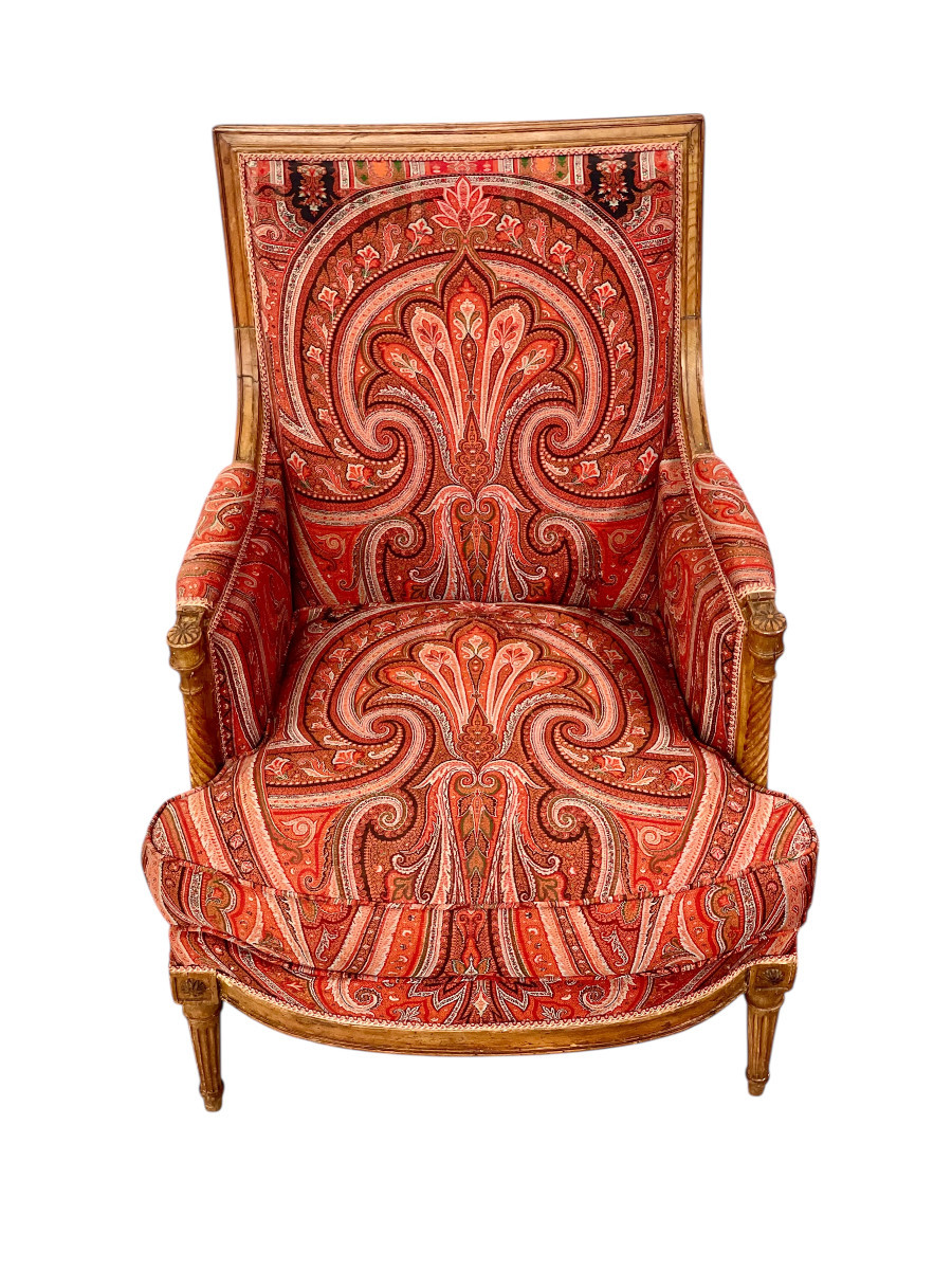 Chaise Bergère Directoire du XVIIIe Siècle avec Revêtement en Cachemire-photo-2