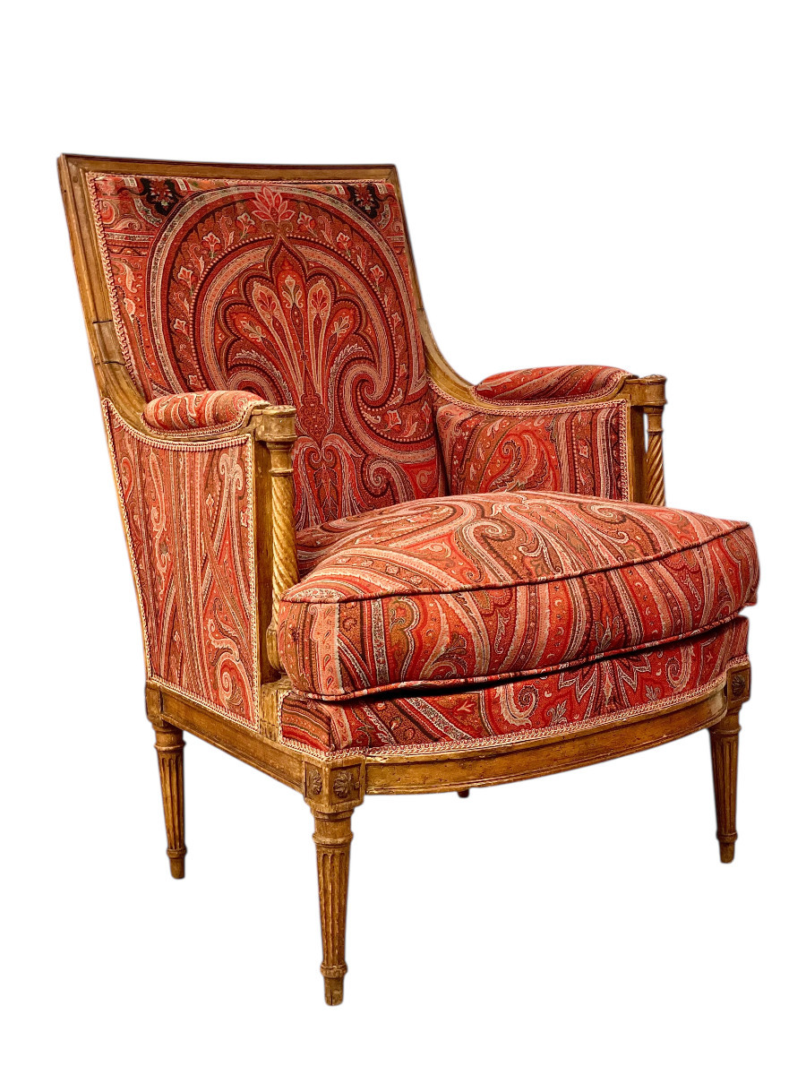 Chaise Bergère Directoire du XVIIIe Siècle avec Revêtement en Cachemire-photo-4