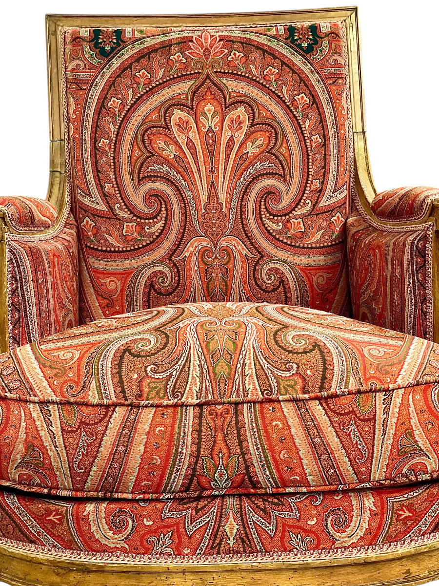 Chaise Bergère Directoire du XVIIIe Siècle avec Revêtement en Cachemire-photo-5