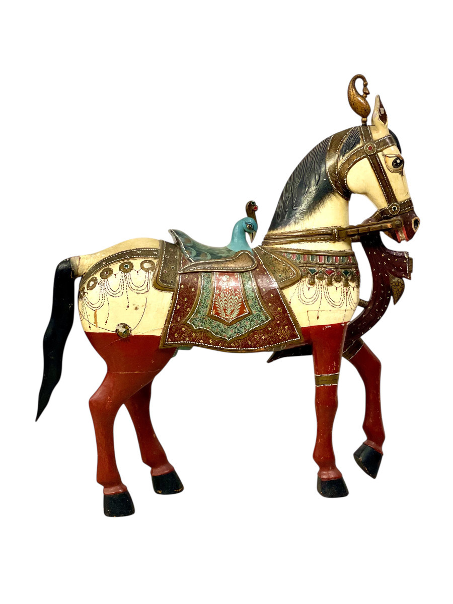 Paire de Grands Chevaux Indiens Peints à la Main avec Selles de Paon-photo-7