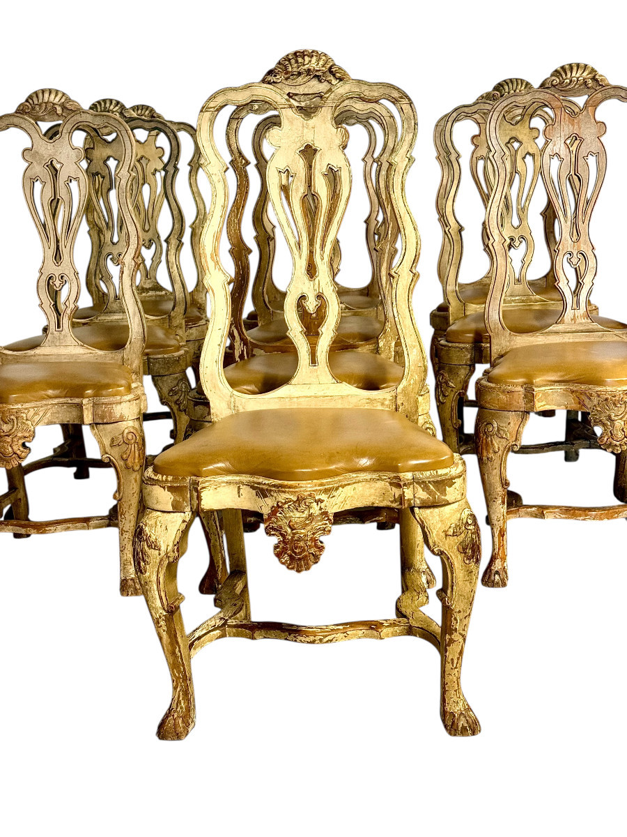 Rare Suite Of 10 Italian Rococo Dining Chairs With Distressed Patina, C.1800-photo-4