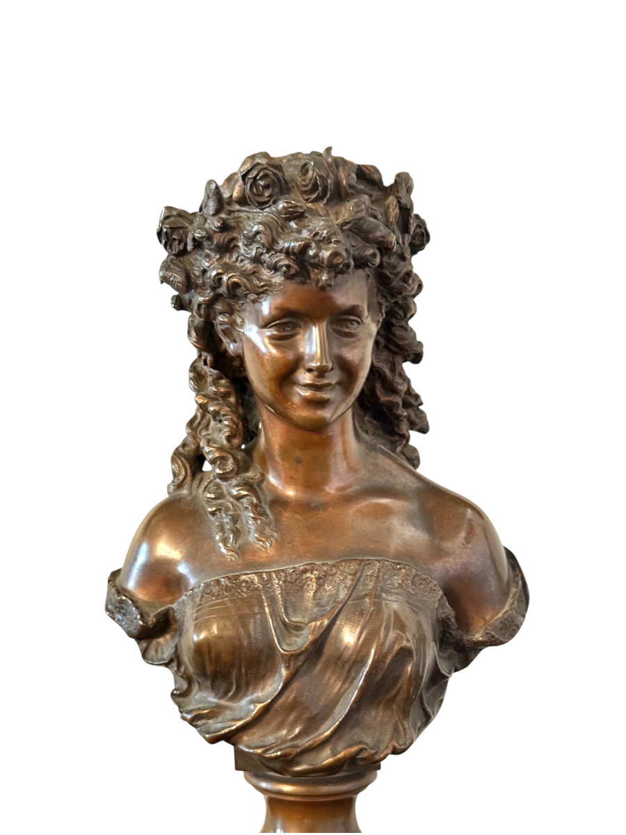 19th Century Bronze Bust By Mathurin Moreau On Griotte Marble Base-photo-4