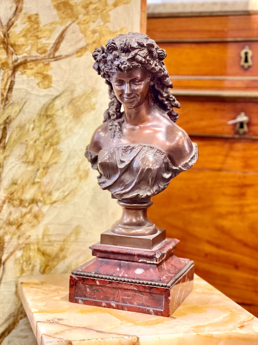 19th Century Bronze Bust By Mathurin Moreau On Griotte Marble Base-photo-8