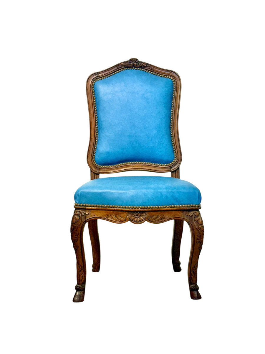 Ensemble de quatre chaises Louis XV françaises du XIXe siècle en noyer avec cuir bleu ciel-photo-3