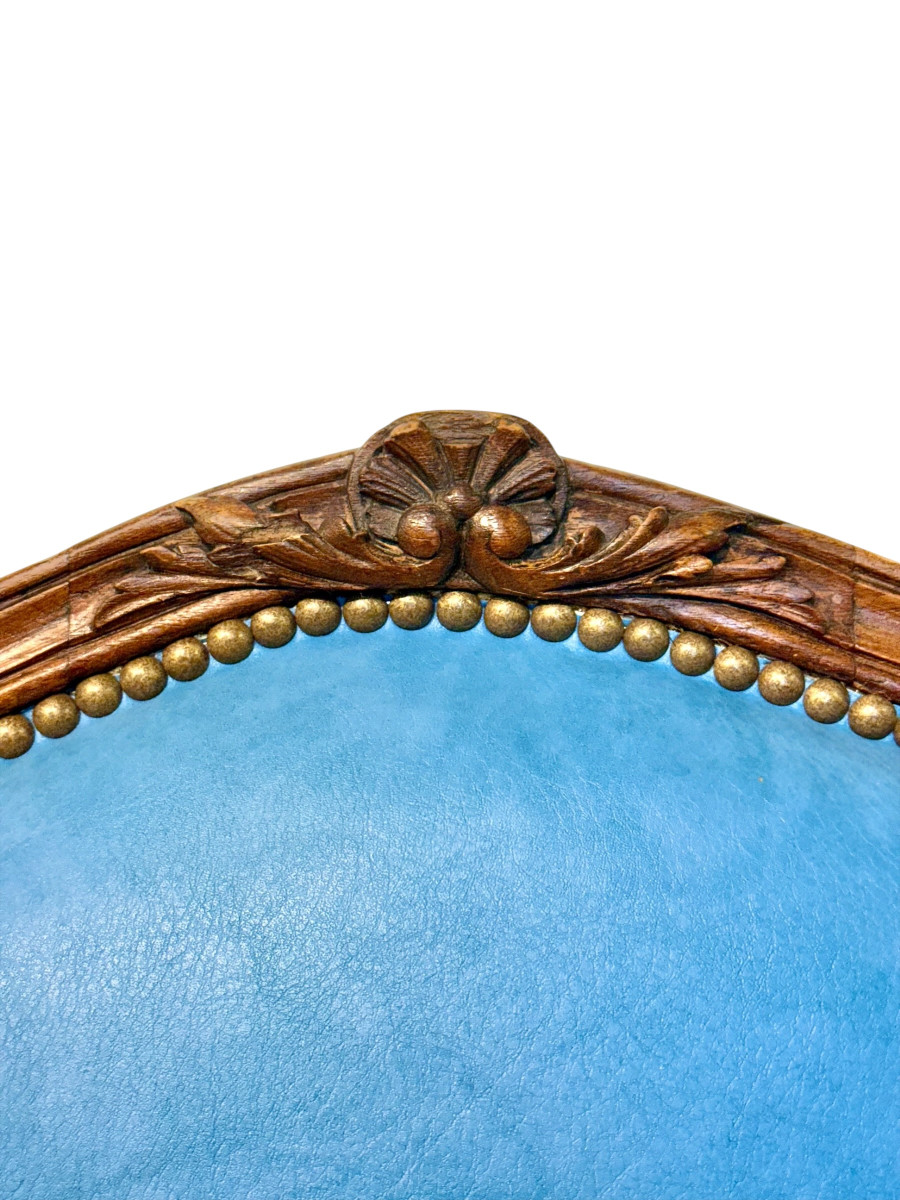Ensemble de quatre chaises Louis XV françaises du XIXe siècle en noyer avec cuir bleu ciel-photo-1