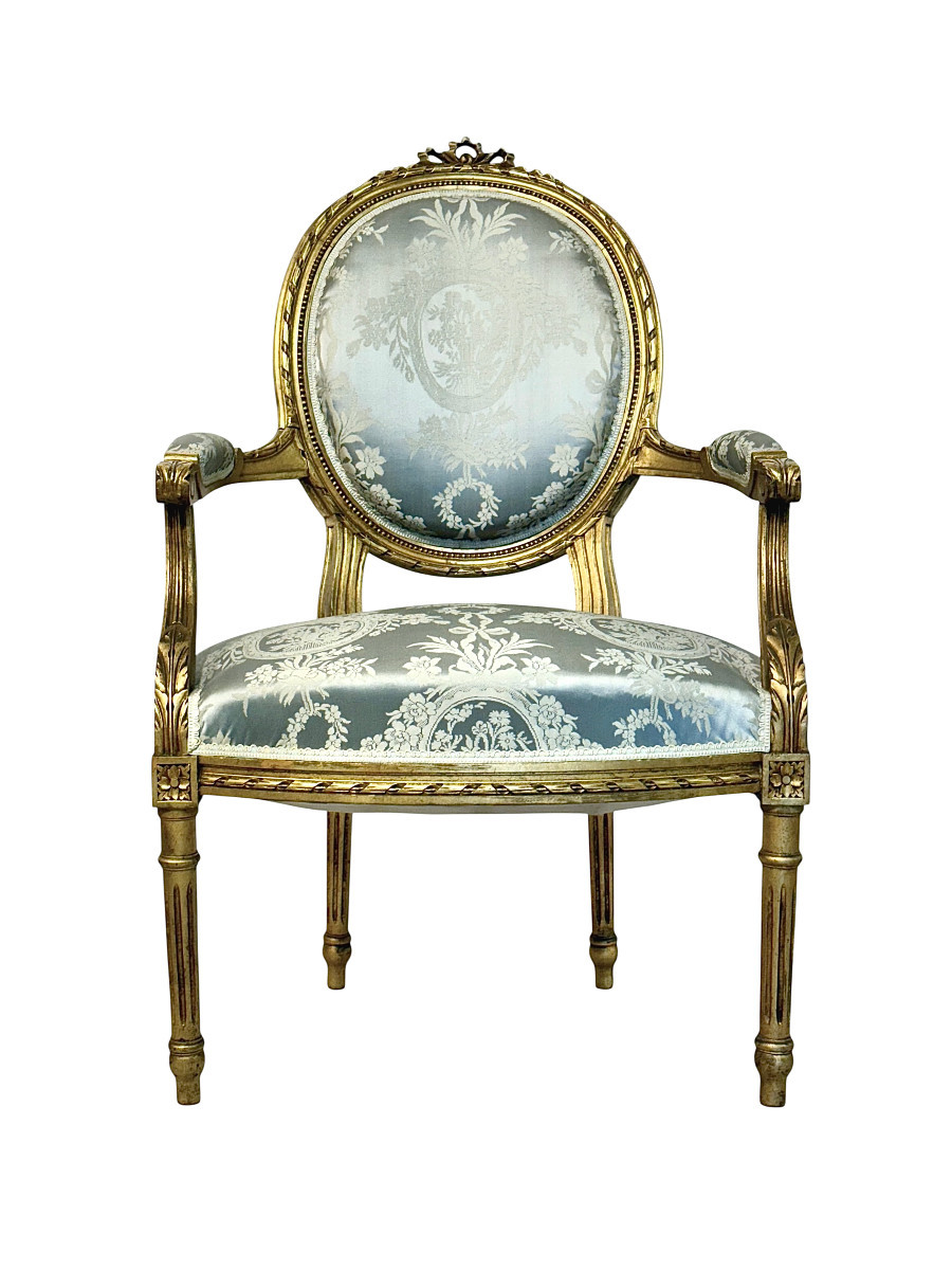 Pair Of Louis XVI Medallion Carved And Gilded Wood Armchairs-photo-3