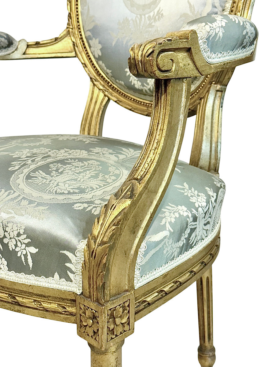 Pair Of Louis XVI Medallion Carved And Gilded Wood Armchairs-photo-4