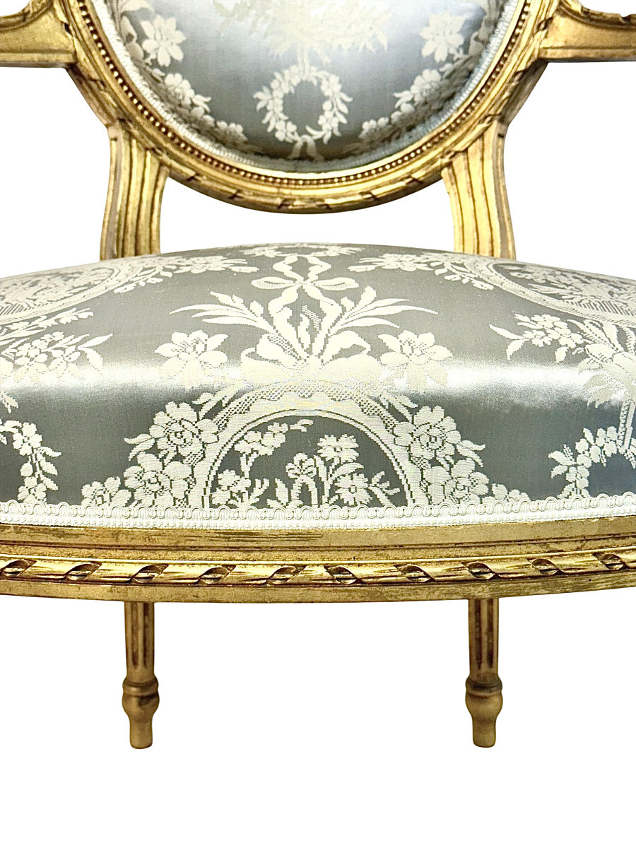 Pair Of Louis XVI Medallion Carved And Gilded Wood Armchairs-photo-2