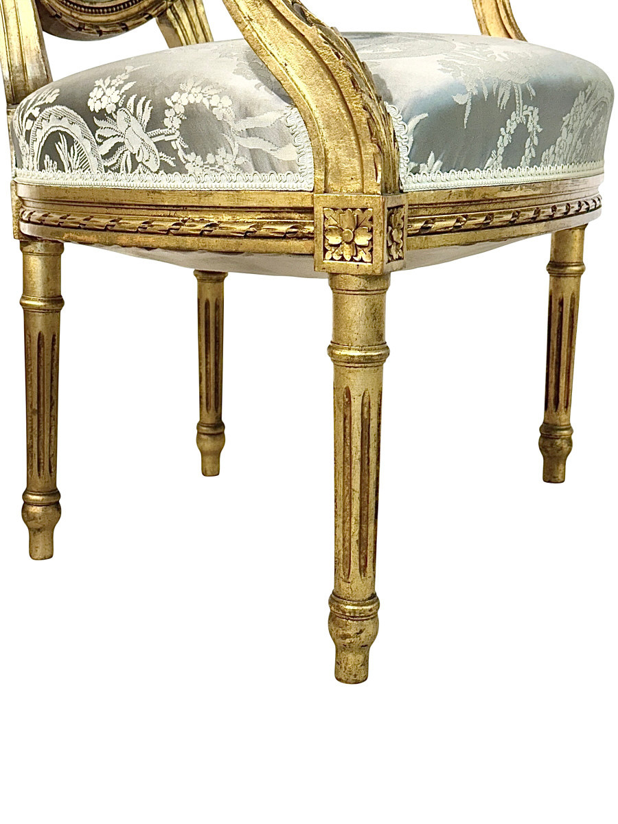 Pair Of Louis XVI Medallion Carved And Gilded Wood Armchairs-photo-4