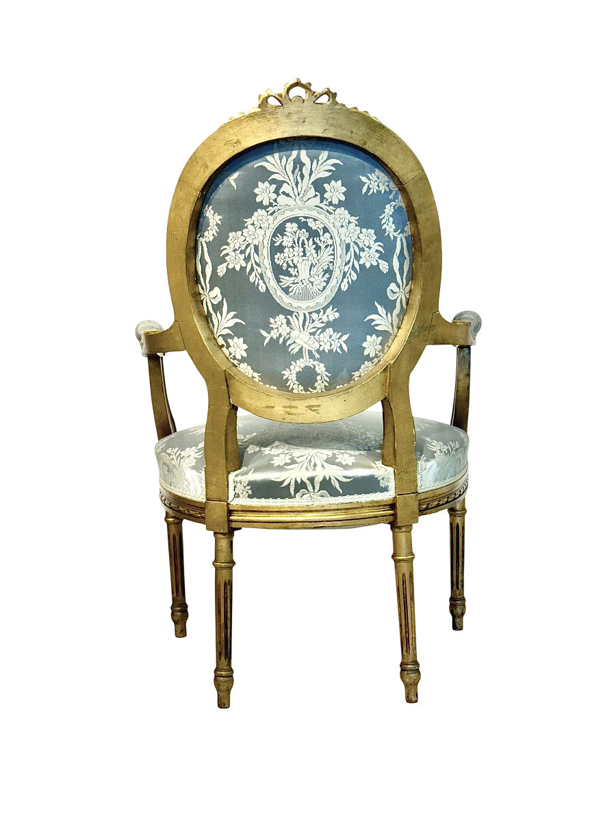 Pair Of Louis XVI Medallion Carved And Gilded Wood Armchairs-photo-5