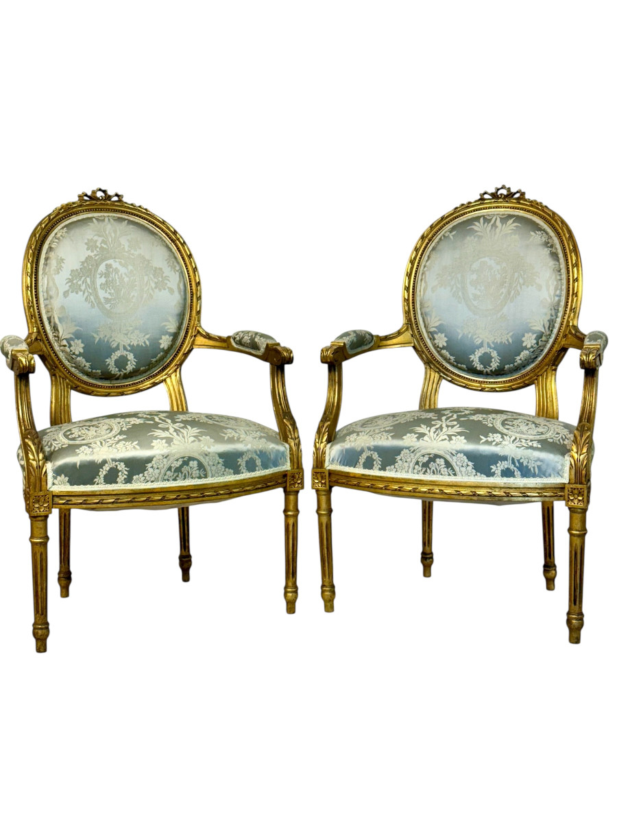 Pair Of Louis XVI Medallion Carved And Gilded Wood Armchairs-photo-6