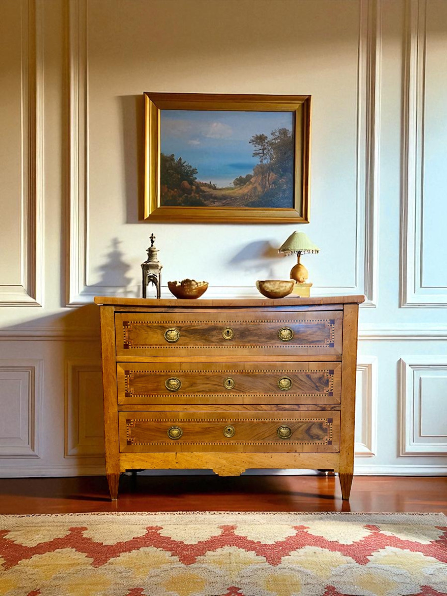 French Louis XVI Period Fruitwood And Walnut Marquetry Commode, 18th Century-photo-6