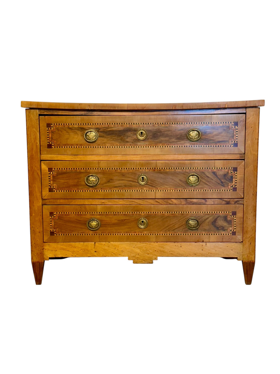 French Louis XVI Period Fruitwood And Walnut Marquetry Commode, 18th Century