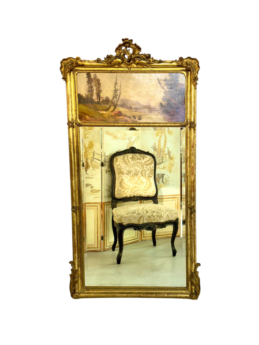 French Giltwood Trumeau Mirror With Beveled Glass, Signed Crassous Fils 1919