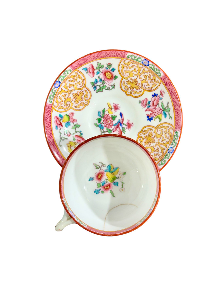 19th Century Set Of 7 English Porcelain Tea Cups & Saucers, 6 Signed Minton-photo-2