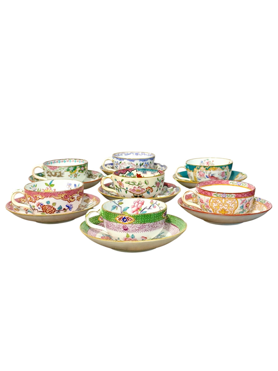 19th Century Set Of 7 English Porcelain Tea Cups & Saucers, 6 Signed Minton-photo-5