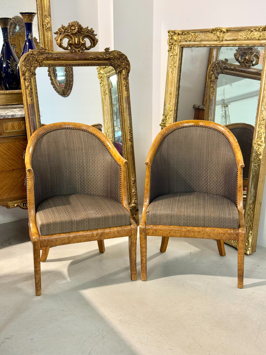 Pair Of 19th Century French Empire Style Burl Wood Gondola Armchairs-photo-2