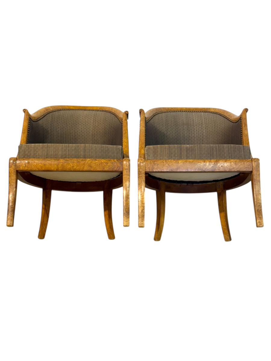Pair Of 19th Century French Empire Style Burl Wood Gondola Armchairs-photo-3