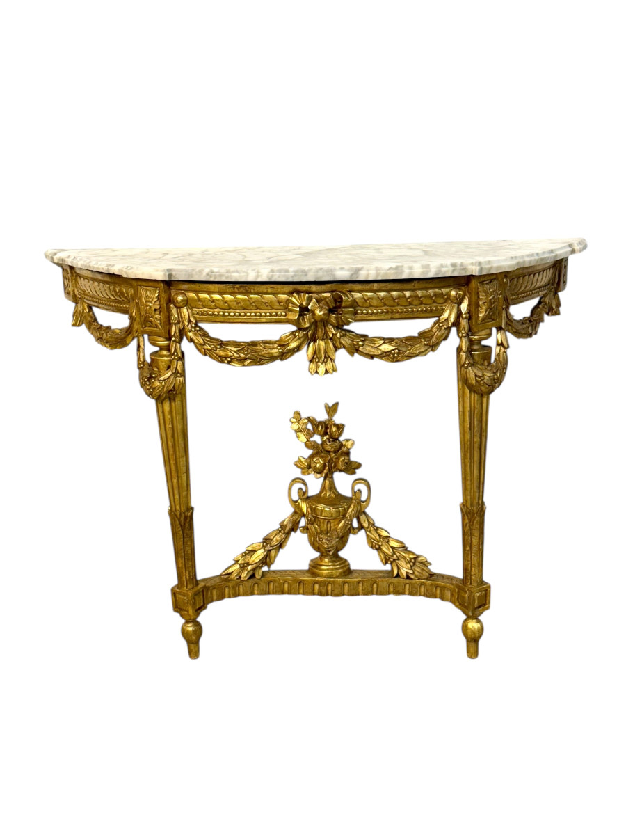 Console demi-lune Louis XVI du XIXe siècle en bois doré avec plateau en marbre de Carrare-photo-5