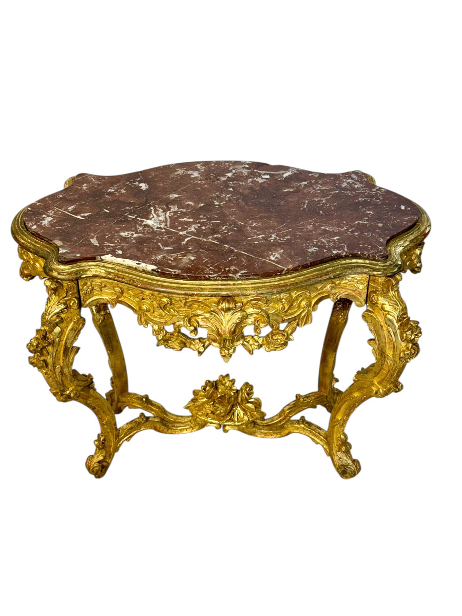Table de Milieu en bois doré de style Louis XV avec plateau en marbre Brèche, XIXe siècle-photo-2