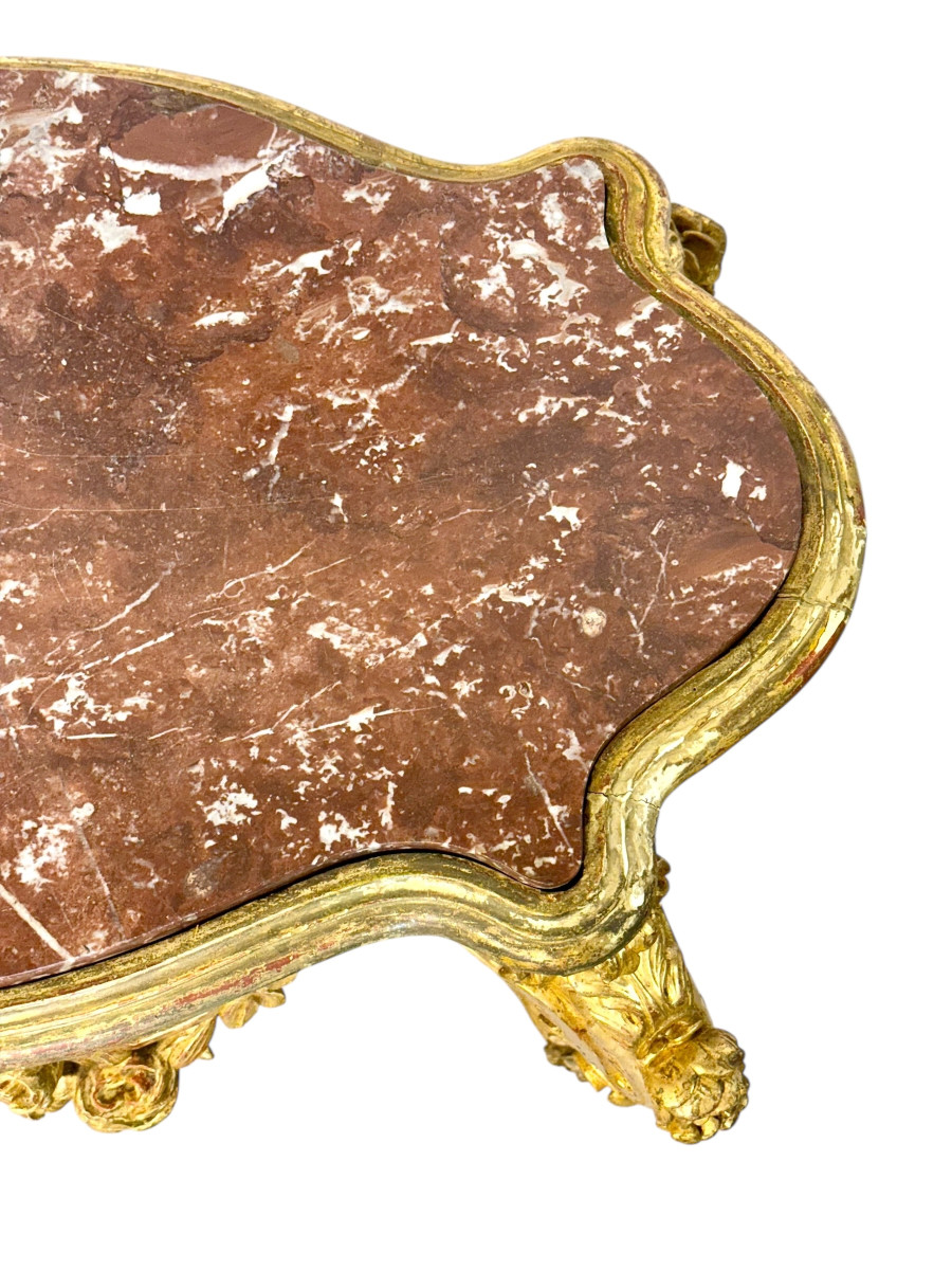 Table de Milieu en bois doré de style Louis XV avec plateau en marbre Brèche, XIXe siècle-photo-5