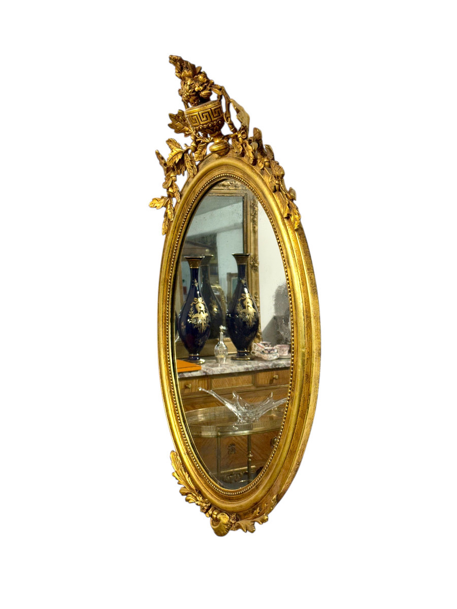 Large Oval Louis XVI Style Giltwood Mirror, 19th Century-photo-2