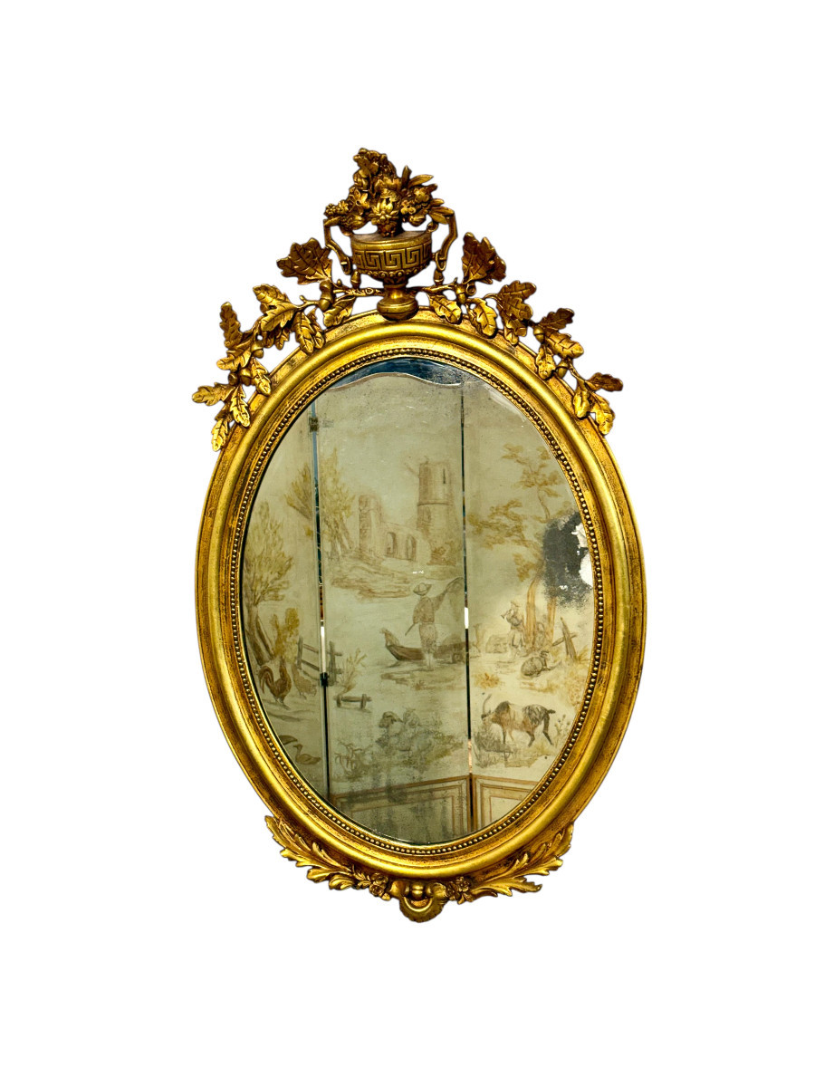 Large Oval Louis XVI Style Giltwood Mirror, 19th Century-photo-6