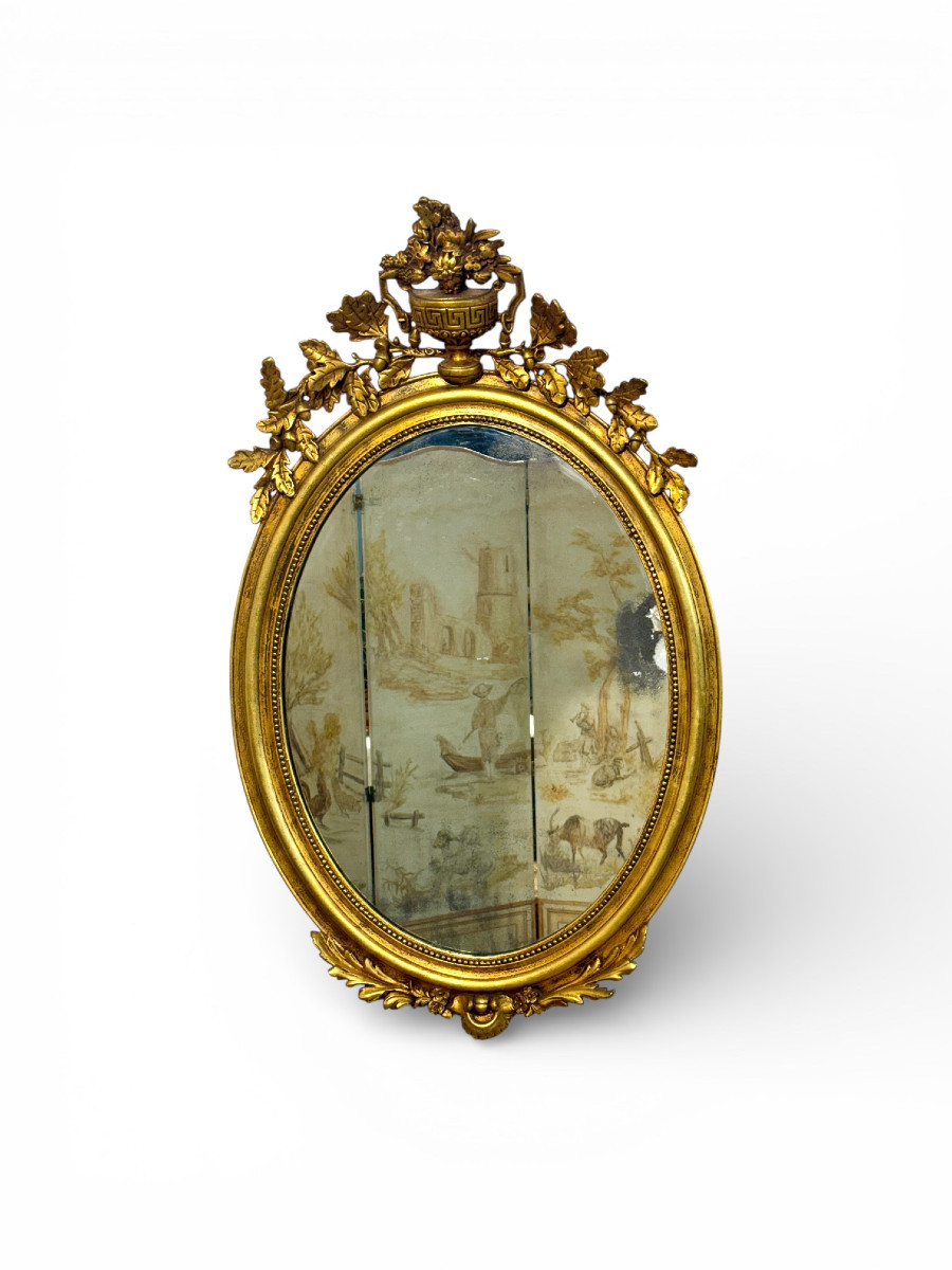 Large Oval Louis XVI Style Giltwood Mirror, 19th Century