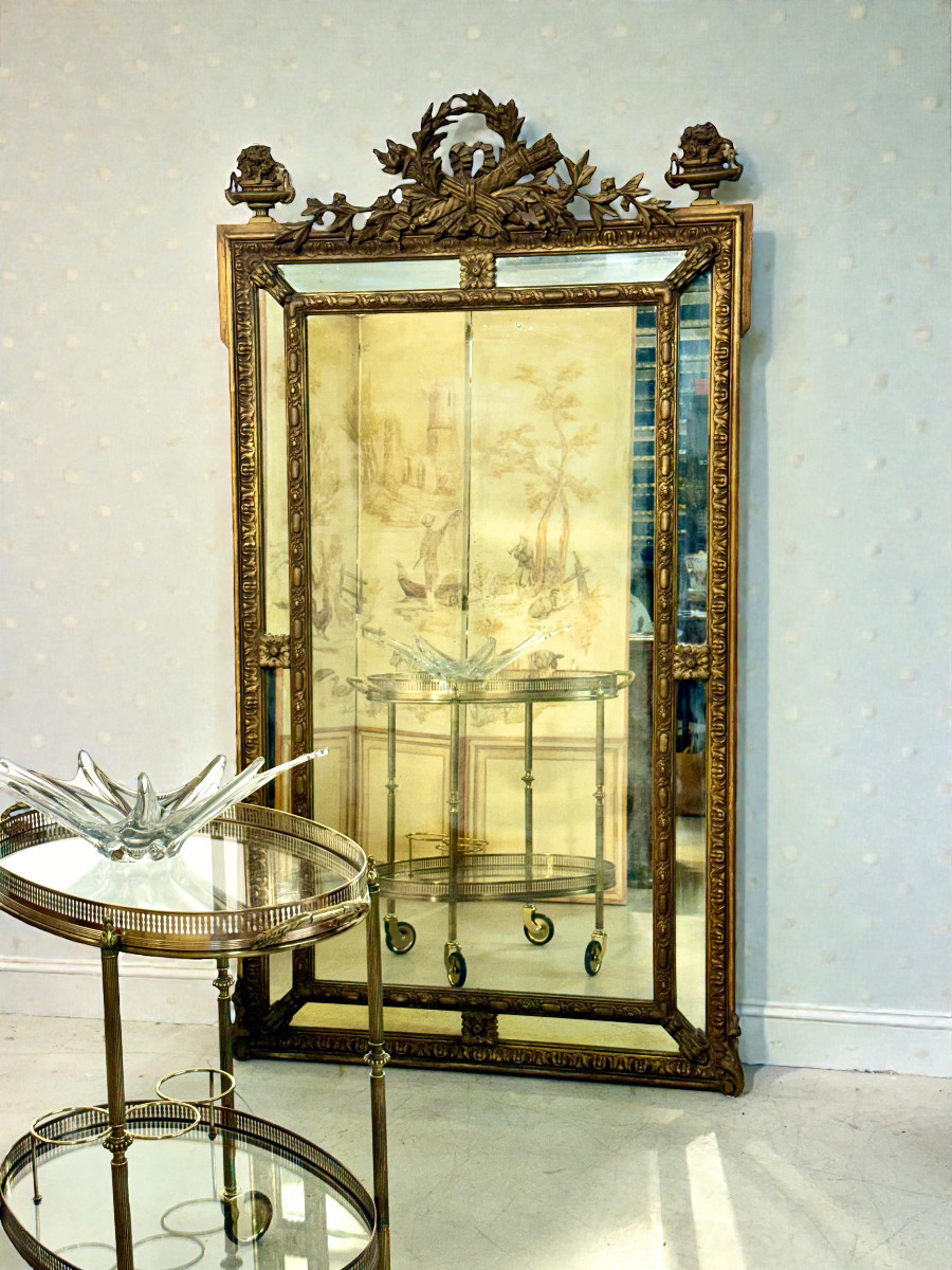 Large Napoléon III Giltwood Mirror With Laurel Crest, And Aged Glass-photo-2