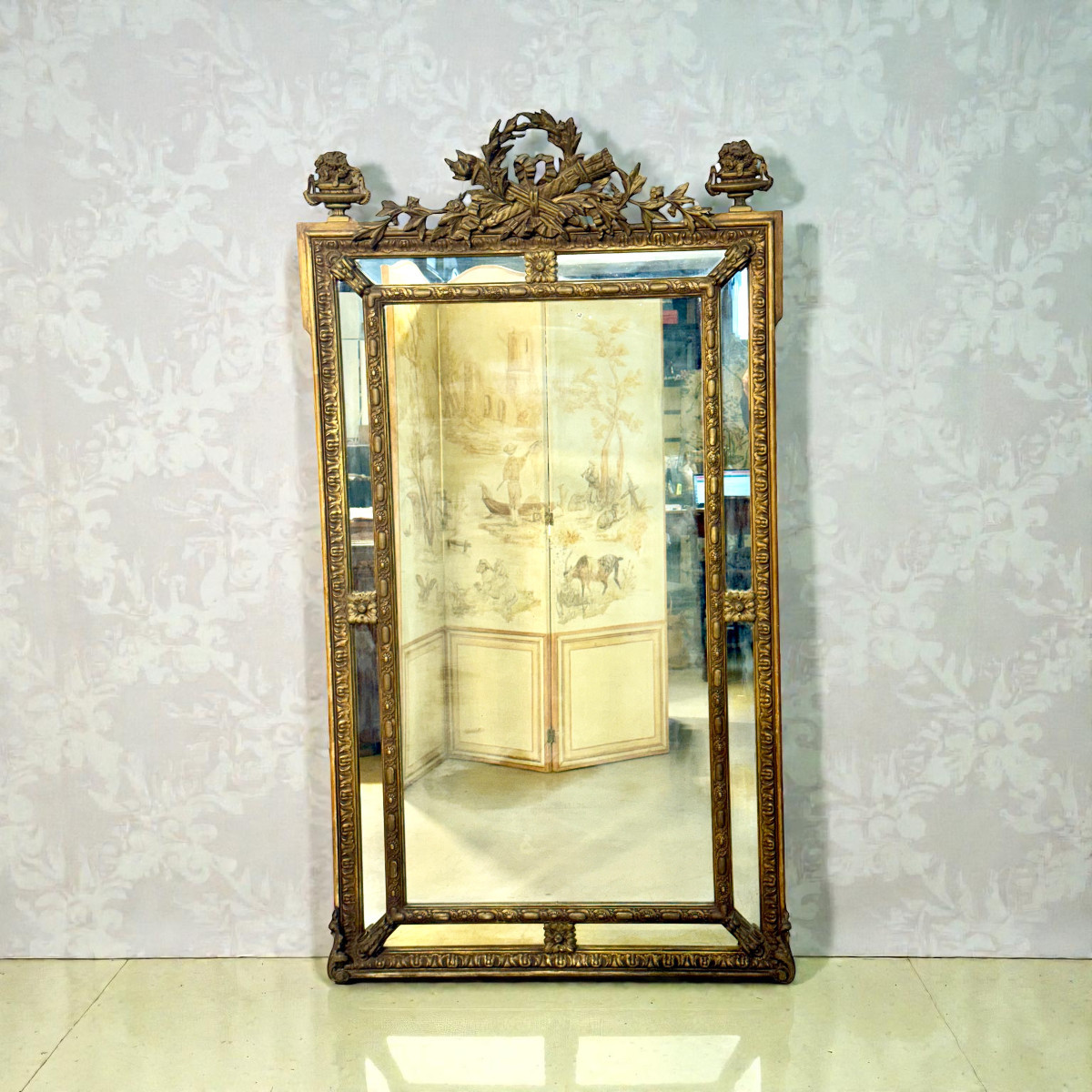 Large Napoléon III Giltwood Mirror With Laurel Crest, And Aged Glass-photo-8