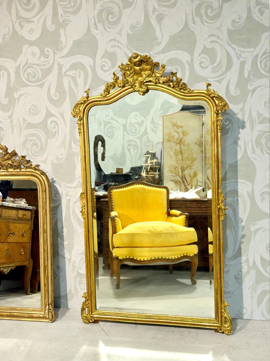 Large Antique Louis XV Gilt And Beveled Mirror, France 19th Century-photo-2