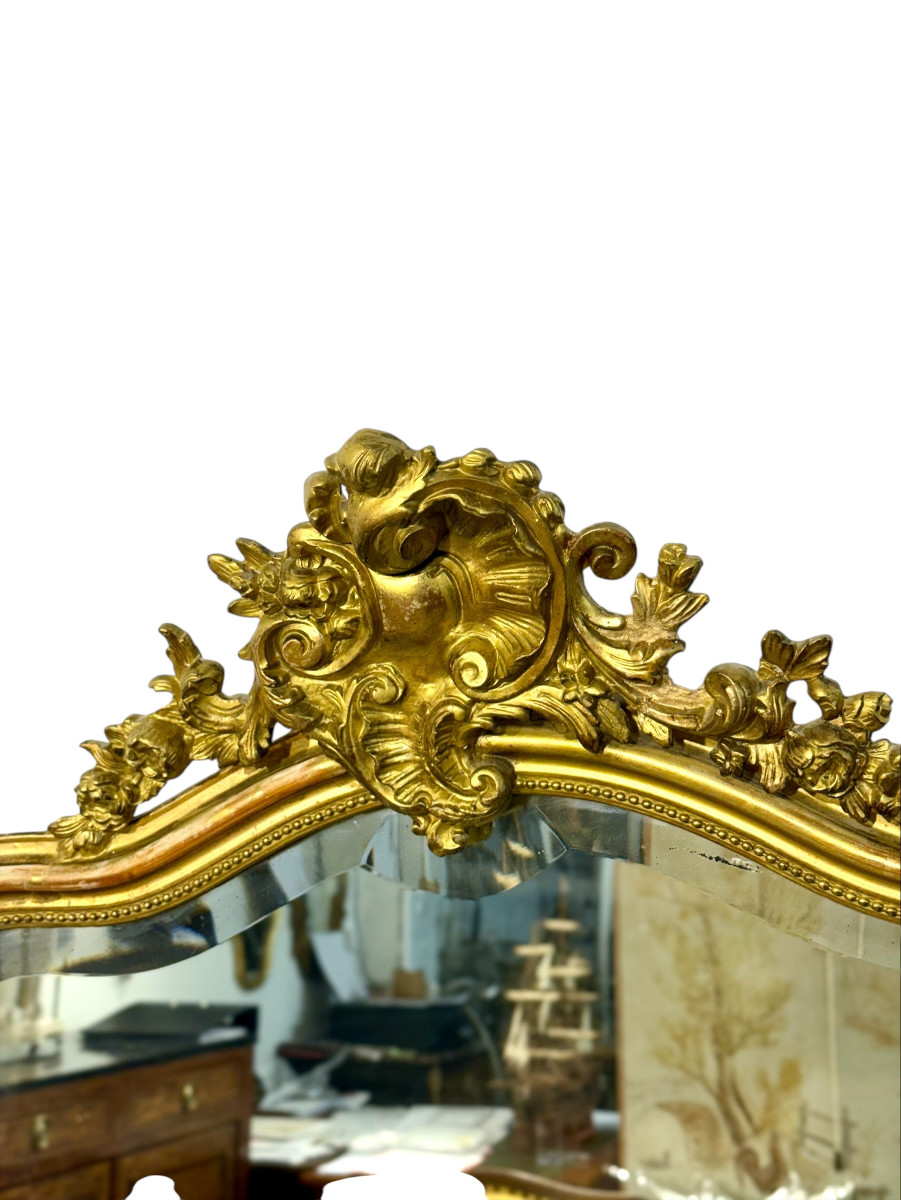 Large Antique Louis XV Gilt And Beveled Mirror, France 19th Century-photo-4