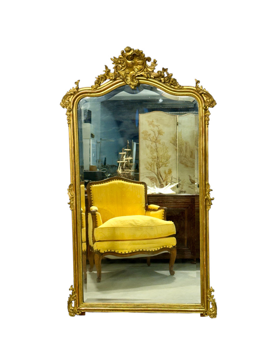 Large Antique Louis XV Gilt And Beveled Mirror, France 19th Century