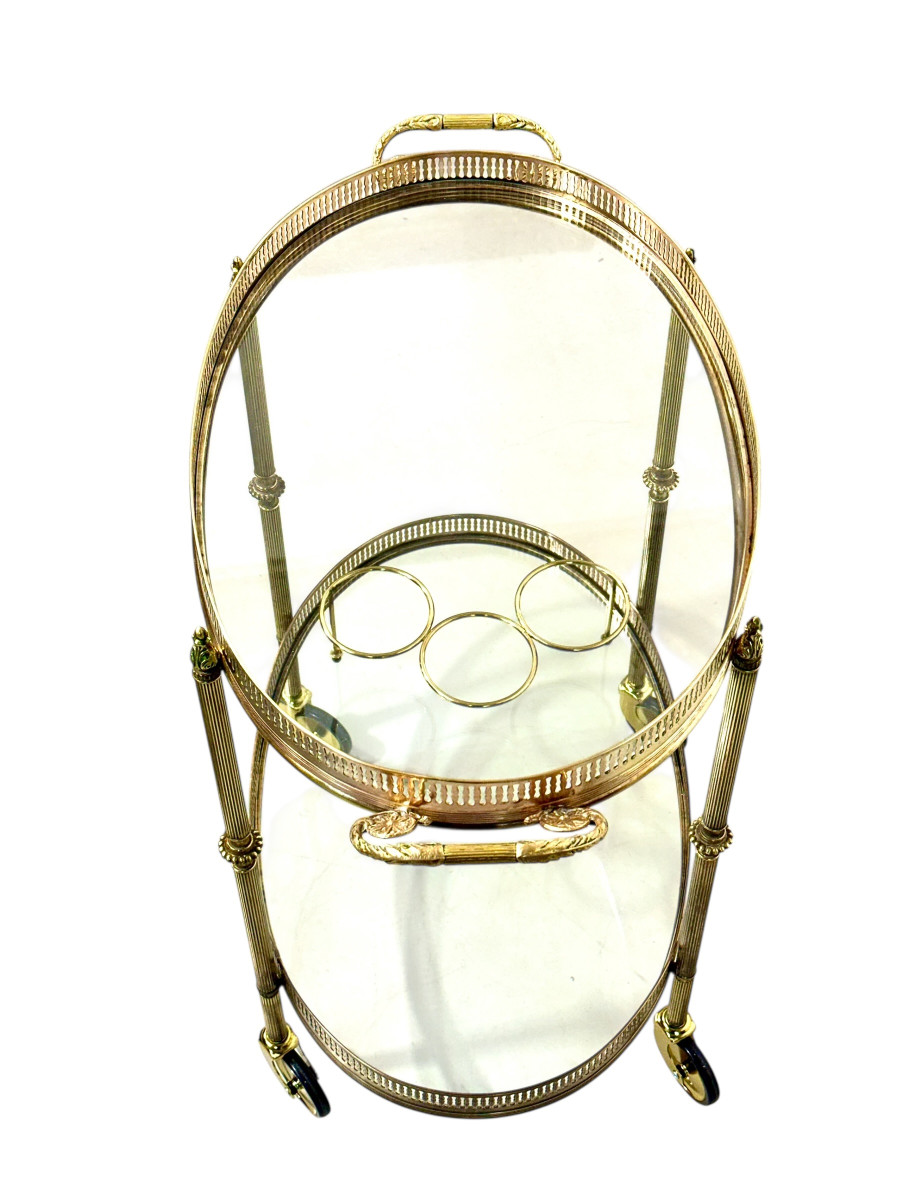 Petite desserte roulante de bar ovale en laiton doré, France vers 1950-photo-2