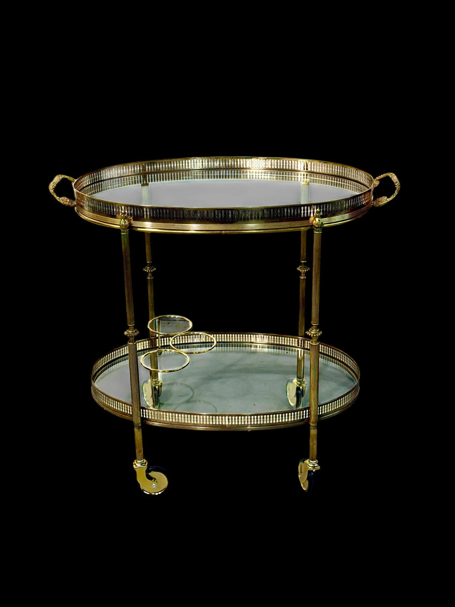 Petite desserte roulante de bar ovale en laiton doré, France vers 1950-photo-3