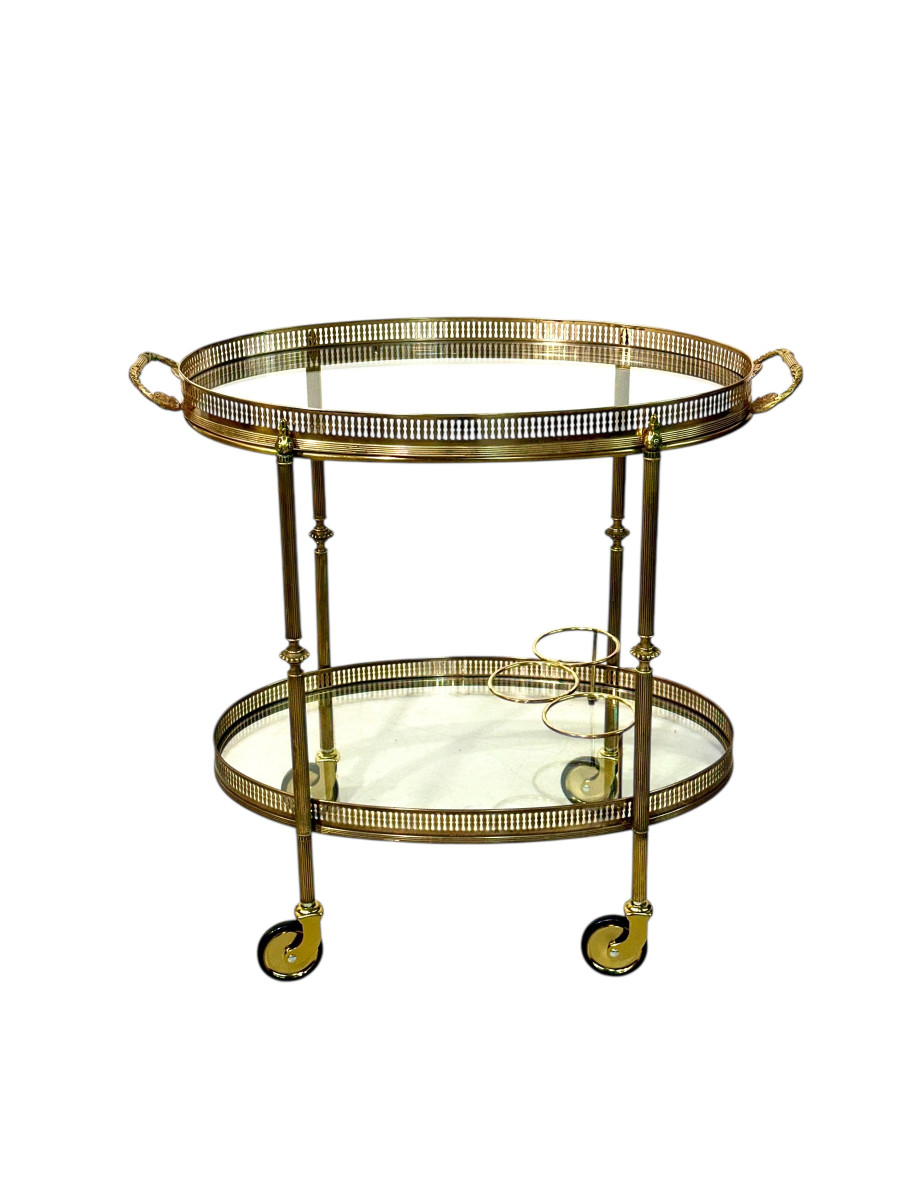 Petite desserte roulante de bar ovale en laiton doré, France vers 1950-photo-6