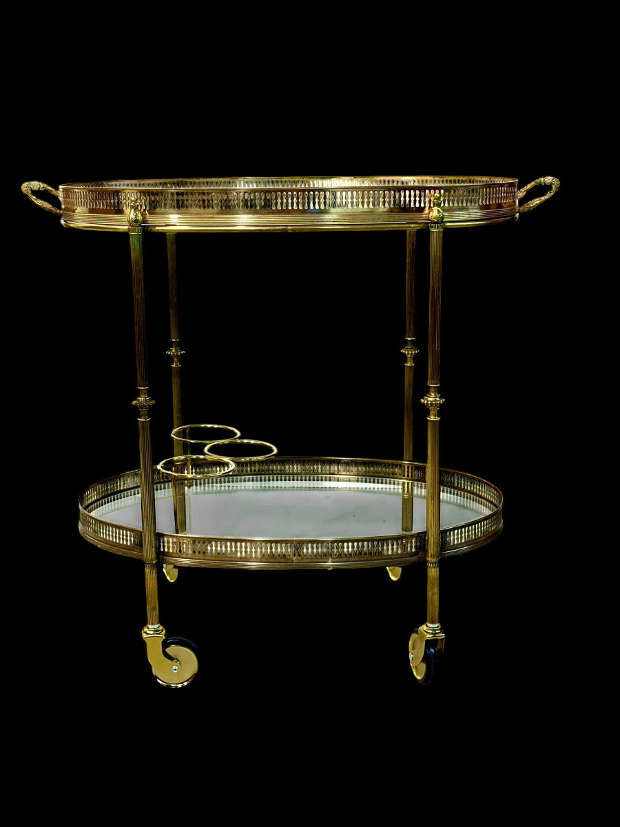 Petite desserte roulante de bar ovale en laiton doré, France vers 1950-photo-8