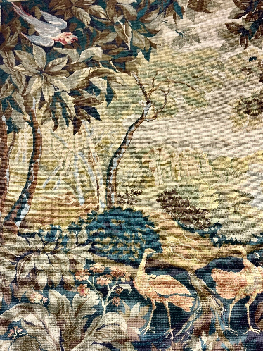 19th Century French Verdure Tapestry With Birds And Pastoral Landscape-photo-5