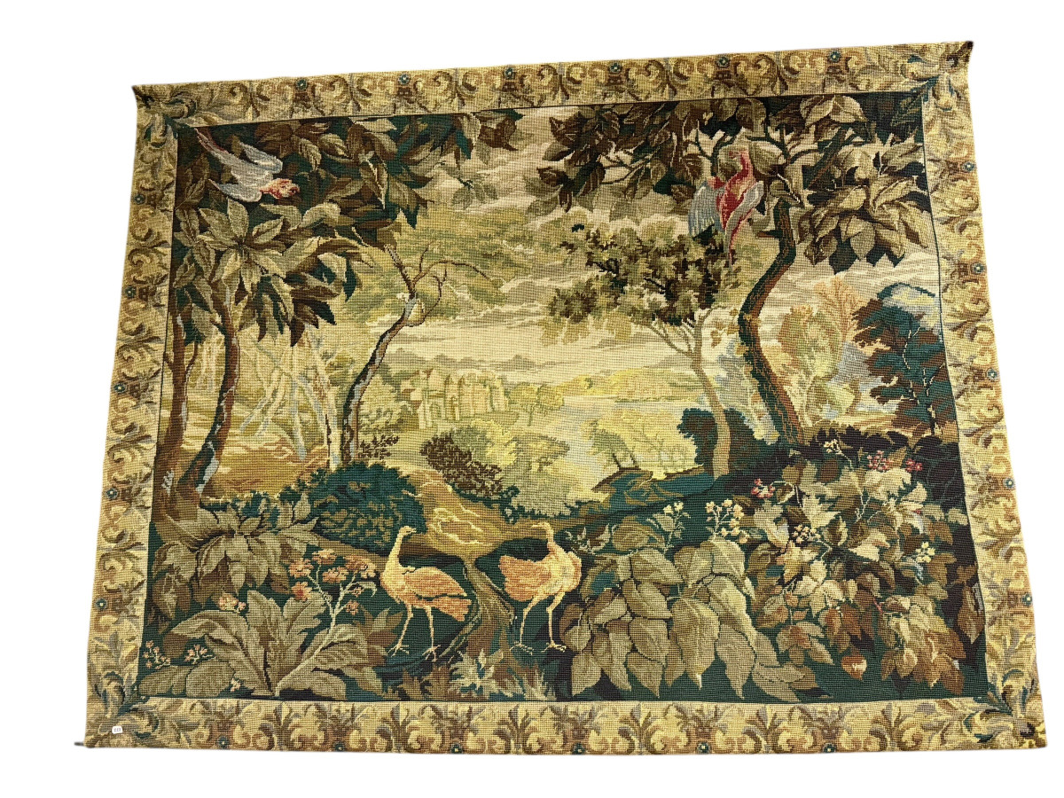 19th Century French Verdure Tapestry With Birds And Pastoral Landscape