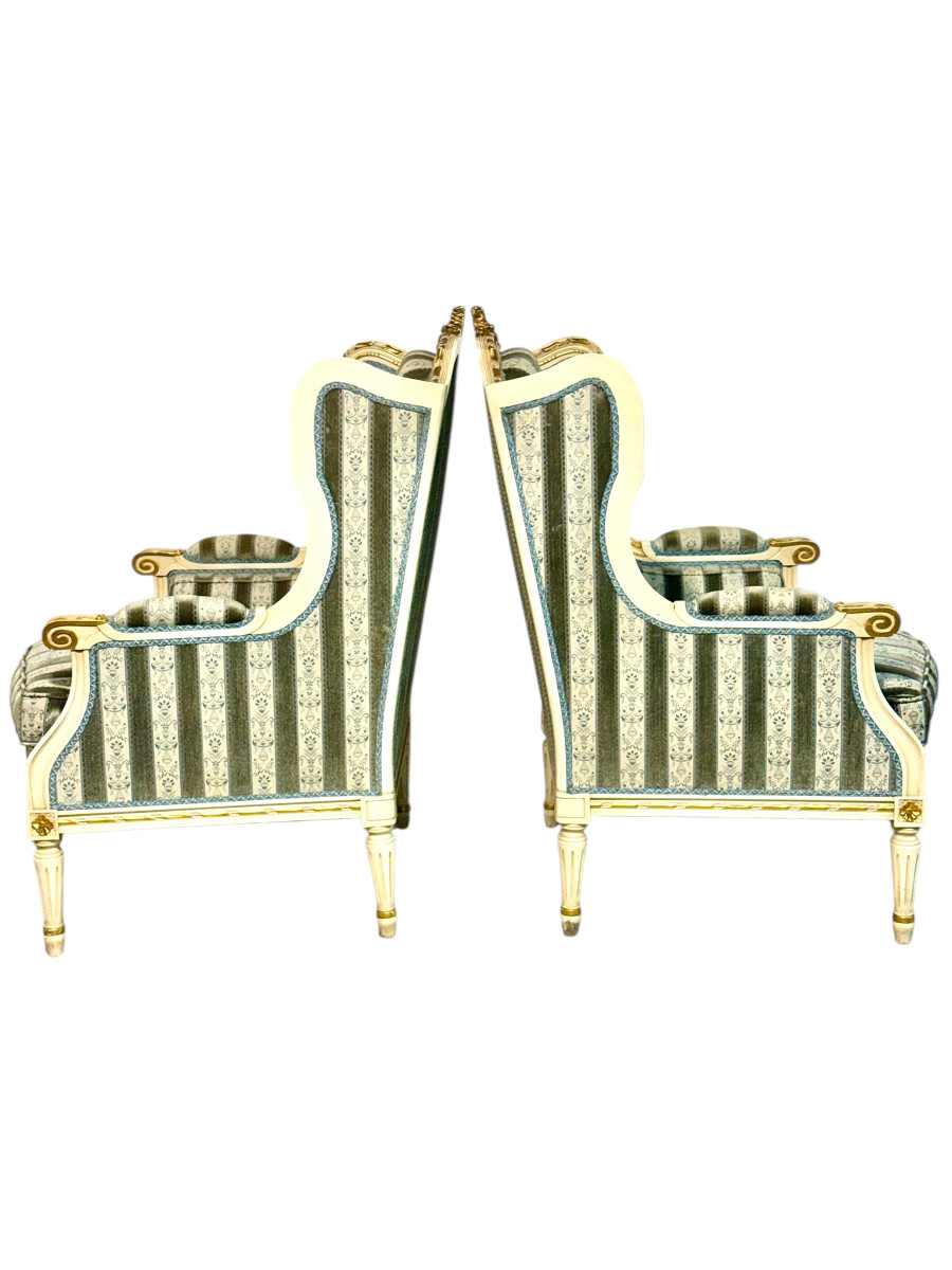 Paire de fauteuils bergères en bois doré de style Louis XVI, fin du XIXe siècle-photo-2