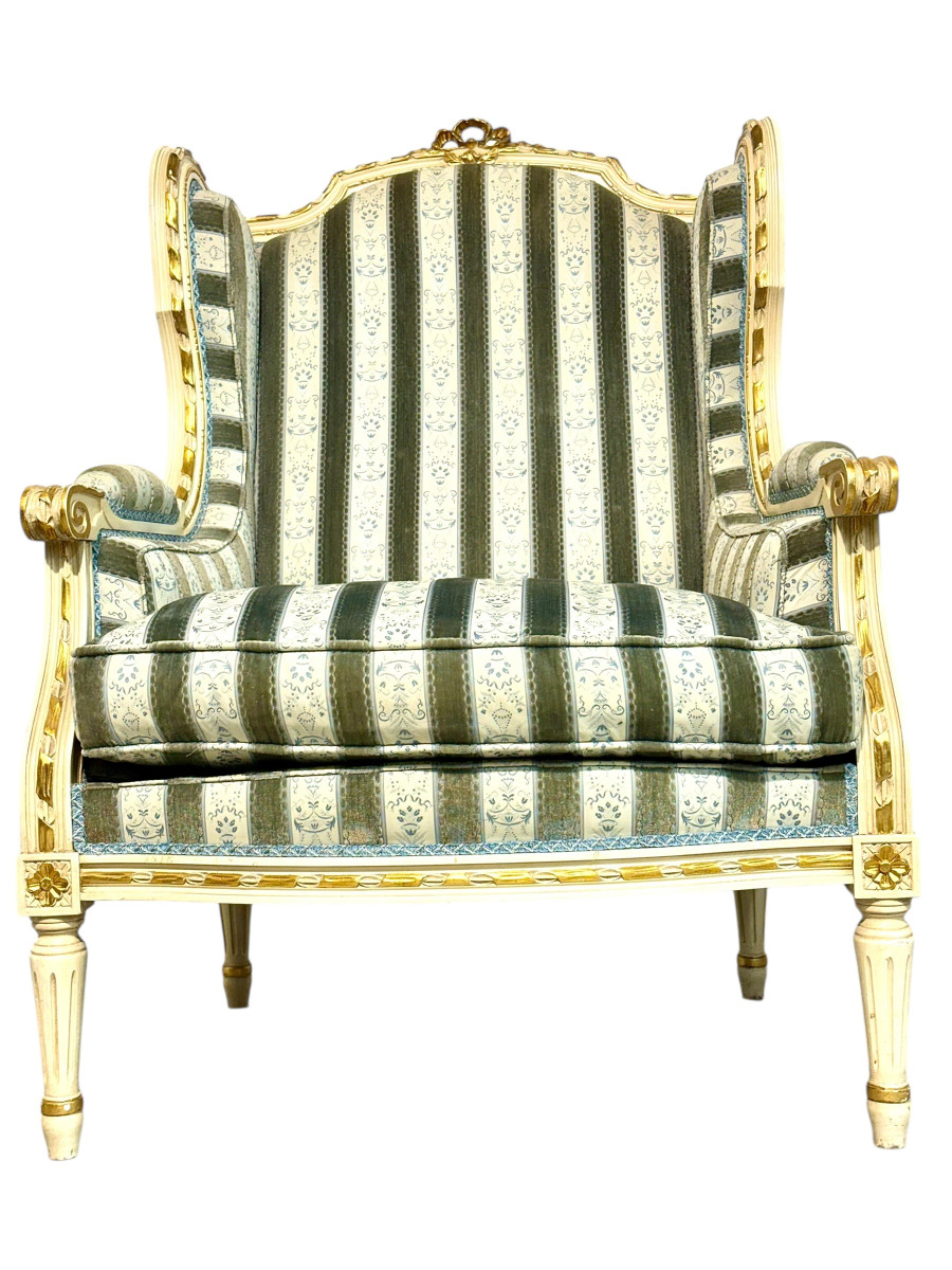 Paire de fauteuils bergères en bois doré de style Louis XVI, fin du XIXe siècle-photo-3