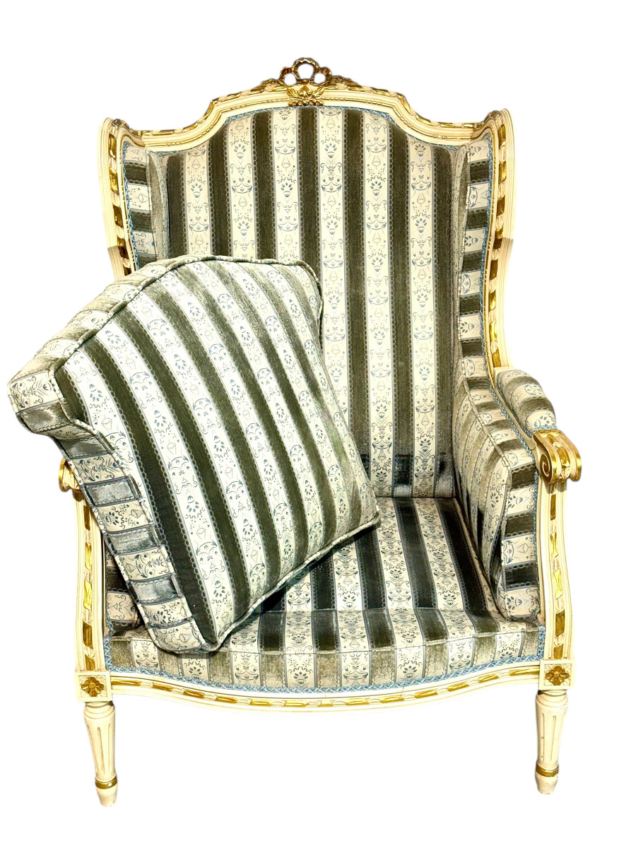 Paire de fauteuils bergères en bois doré de style Louis XVI, fin du XIXe siècle-photo-4
