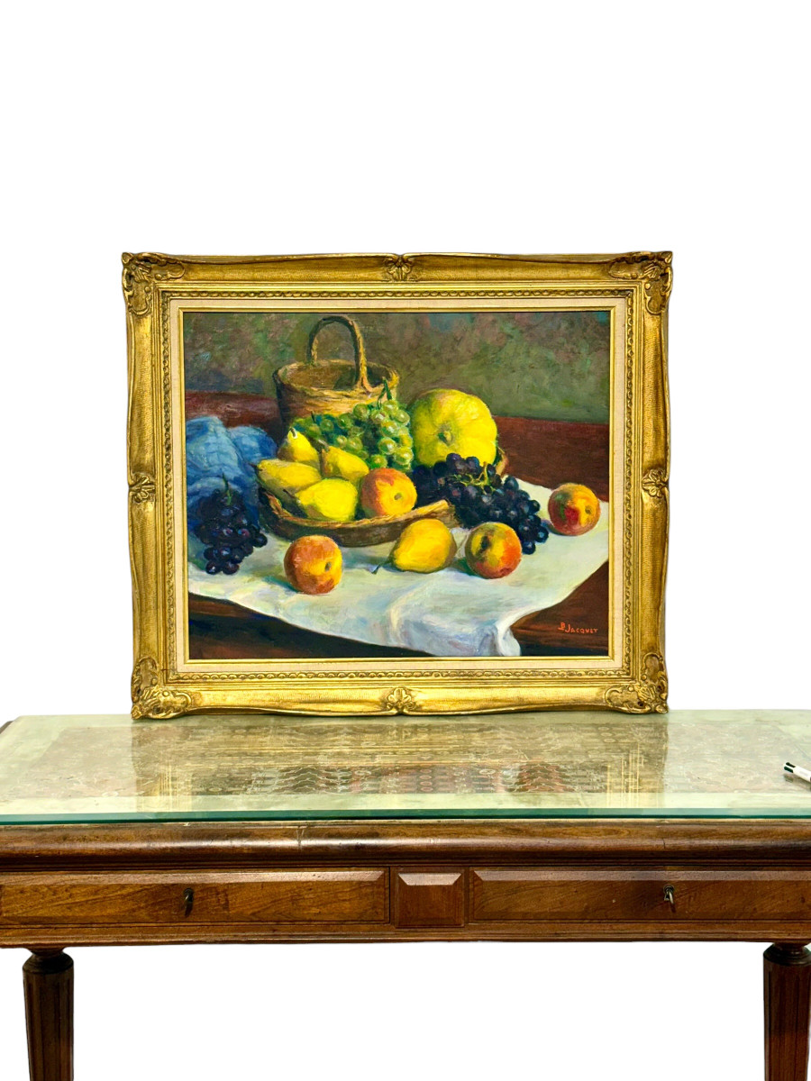 Nature morte aux fruits par B. Jacquet, sous cadre doré-photo-4